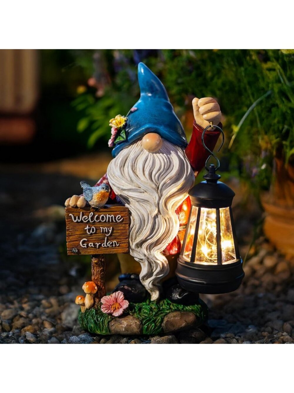 Solar-Powered Garden Gnome Statue with Lantern & Welcome Sign - Outdoor Yard Art